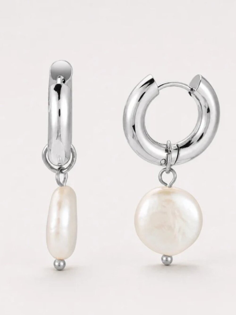 ATOLEA Chunky Pearl Silver Hoop Earrins